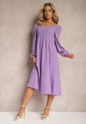 Fioletowa Midi Sukienka Rozkloszowana w Kropki Gernia. Fioletowe sukienki dla dziewczynek Renee, bez wzorów, eleganckie, bez ramiączek. Za 49.99 zł.