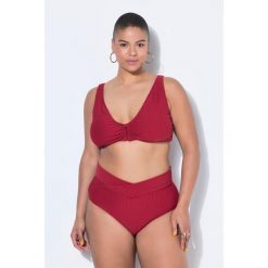 Damski Top bikini miękkie miseczki paski frotte ozdobne kółko. Czerwone topy damskie Ulla Popken, plus size, bez wzorów, z elastanu, bez kołnierzyka, bez ramiączek. W wyprzedaży za 111.99 zł.