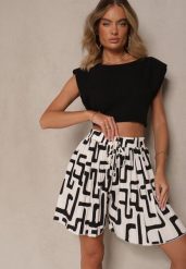 Czarno-Białe Szorty z Wiskozy High Waist Ozdobione Geometrycznym Wzorem Lirazea. Czarne szorty damskie Renee, l, bez wzorów, z wiskozy, z podwyższonym stanem. Za 39.99 zł.