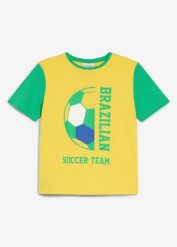 T-shirt brazylijskiej drużyny futbolowej, z czystej bawełny organicznej. Żółte koszule dla chłopców bonprix, bez wzorów, z bawełny, bez kołnierzyka, bez ramiączek. Za 34.99 zł.