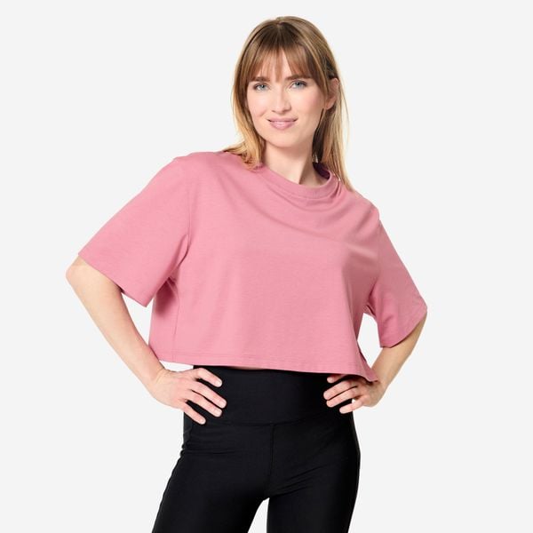 Koszulka damska Domyos Gym & Pilates crop. Fioletowe koszulki sportowe damskie NYAMBA, xl, bez wzorów, z bawełny, sportowe, bez kołnierzyka. Za 49.99 zł.