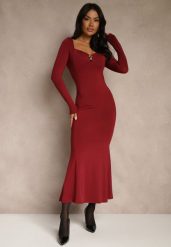 Bordowa Sukienka Koktajlowa z Wiskozą i Metaliczną Klamrą przy Dekolcie Refire. Czerwone sukienki dla dziewczynek Renee, bez wzorów, z wiskozy, eleganckie, bez ramiączek, długie. Za 139.99 zł.