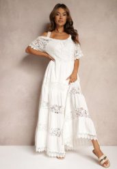 Biała Koronkowa Sukienka z Wiskozą o Rozkloszowanym Kroju na Ramiączkach Leris. Białe sukienki damskie Renee, na co dzień, na lato, s, bez wzorów, z koronki, eleganckie, bez kołnierzyka, bez ramiączek, maxi, kopertowe. Za 189.99 zł.