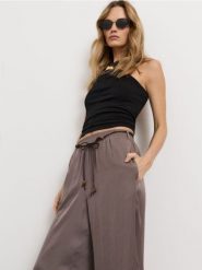 Spodnie wide leg z ozdobnym wiązaniem w pasie - brązowy. Brązowe spodnie materiałowe damskie Sinsay, l, bez wzorów. Za 59.99 zł.