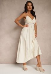 Beżowa Sukienka Boho z Wiskozą i Lnem o Rozkloszowanym Kroju z Haftem Annilsa. Brązowe sukienki damskie Renee, na co dzień, m, bez wzorów, z wiskozy, boho, bez kołnierzyka, bez ramiączek, maxi, dopasowane. Za 109.99 zł.