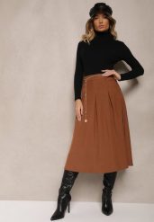 Brązowa Spódnica z Wiskozą o Rozkloszowanym Kroju z Paskiem Łańcuszkiem Lilethra. Brązowe spódnice damskie Renee, l, bez wzorów, z materiału, eleganckie, midi, dopasowane. Za 109.99 zł.