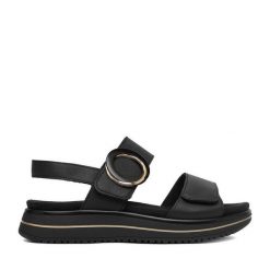 Sandały Remonte. Czarne sandały damskie Remonte, bez wzorów, bez obcasa, na płaskiej podeszwie, bez zapięcia. Za 369.99 zł.