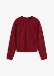Sweter ze wzorem warkoczowym. Fioletowe swetry damskie bonprix, bez wzorów, bez kołnierzyka, bez ramiączek, bez kaptura. Za 149.99 zł.