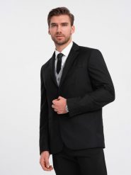 Męska klasyczna marynarka z kieszenią na poszetkę - czarna V4 OM-BLZB-0115 - XXL. Czarne marynarki męskie Ombre Clothing, bez wzorów, z poliesteru, klasyczne. Za 309.99 zł.