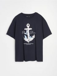 Bawełniana koszulka z cekinami z motywem kotwicy - granatowy. Niebieskie t-shirty damskie Sinsay, xl, bez wzorów, z bawełny, bez kołnierzyka. Za 25.99 zł.