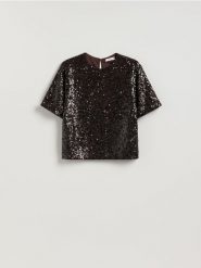 Cekinowy t-shirt boxy - ciemnobrązowy. Brązowe t-shirty damskie Reserved, l, bez wzorów, z dzianiny, bez kołnierzyka. Za 99.99 zł.