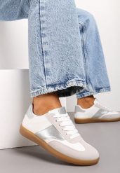 Biało-Srebrne Sneakersy Tenisówki o Klasycznym Fasonie Do Kostki Satrama. Białe trampki i tenisówki damskie Born2be, bez wzorów, z jeansu, eleganckie, bez zapięcia. Za 79.99 zł.