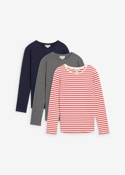 Bluzka z długim rękawem z czystej bawełny organicznej (3 szt.). Czerwone t-shirty i topy dla dziewczynek bonprix, bez wzorów, z bawełny, bez ramiączek. Za 94.99 zł.