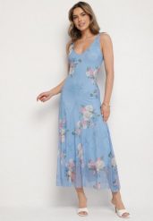 Niebieska Siateczkowa Sukienka z Kwiatowym Motywem Milanessa. Niebieskie sukienki damskie Born2be, na co dzień, m, z aplikacjami, z jeansu, eleganckie, bez kołnierzyka, bez ramiączek, maxi, proste. Za 99.99 zł.