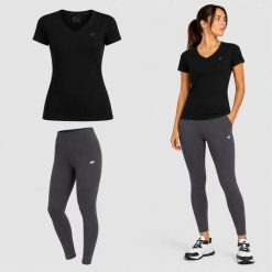 KOMPLET DAMSKI 4F T-SHIRT + LEGGINSY ZESTAW SPORTOWY NA CO DZIEŃ S SS26. Niebieskie legginsy damskie 4f, s, bez wzorów, z bawełny. Za 119.98 zł.