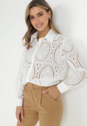 Biała Koszula Koronkowa Coillie. Białe bluzki damskie Born2be, m, bez wzorów, z koronki, klasyczne, bez kołnierzyka, bez ramiączek. Za 159.99 zł.