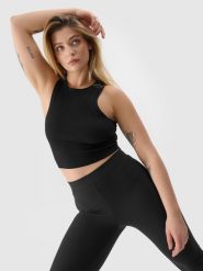 4F Crop top slim damski - czarny XS. Czarne koszulki sportowe damskie 4f, xs, bez wzorów, z bawełny, bez kołnierzyka, bez ramiączek. W wyprzedaży za 19.99 zł.