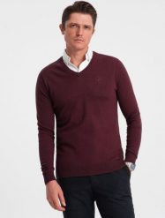 Ombre Sweter męski z dekoltem "w serek" z koszulowym kołnierzykiem - bordowy V8 OM-SWSW-0102 L. Czerwone swetry przez głowę męskie Ombre, l, bez wzorów, bez kołnierzyka. Za 129.99 zł.