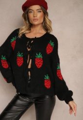 Czarny Wiązany Kardigan z Wełną i Wiskozą z Ozdobnym Wzorem z Truskawkami Cesirae. Czarne kardigany damskie Renee, bez wzorów, z jeansu, biznesowe, bez kołnierzyka, bez ramiączek, długie, bez kaptura. Za 119.99 zł.