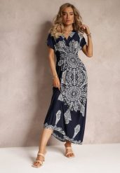 Granatowa Sukienka Maxi w Etniczny Wzór Josanie. Niebieskie sukienki damskie Renee, m, bez wzorów, boho, bez kołnierzyka, bez ramiączek, maxi. Za 54.99 zł.