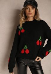 Czarny Prosty Sweter z Domieszką Wełny Ozdobiony Wiśniową Aplikacją Balrinna. Czarne swetry damskie Renee, z aplikacjami, z jeansu, casualowe, bez kołnierzyka, bez ramiączek, bez kaptura. Za 119.99 zł.