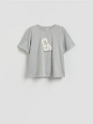 T-shirt z nadrukiem - jasnoszary. Szare t-shirty damskie Reserved, l, bez wzorów, z bawełny, klasyczne, bez kołnierzyka. W wyprzedaży za 29.99 zł.