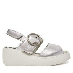 Sandały Fly London. Szare sandały damskie Fly London, bez wzorów, bez obcasa, na koturnie, bez zapięcia. Za 379.99 zł.