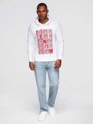 Nierozpinana męska bluza kangurka z kapturem i nadrukiem - biała V3 - Rozmiar: XL. Białe bluzy męskie Ombre Clothing, m, bez wzorów, z bawełny, z kapturem. W wyprzedaży za 49.99 zł.
