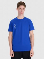 4F T-shirt regular z nadrukiem męski - niebieski M. Niebieskie koszulki sportowe męskie 4f, m, bez wzorów, z bawełny, klasyczne, bez kołnierzyka. Za 59.99 zł.