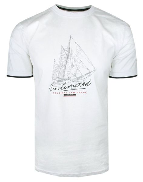 T-Shirt Męski - Biały z Motywem Żaglowca - Pako Jeans. Białe t-shirty męskie Pako Jeans, m, bez wzorów, z bawełny, casualowe, bez kołnierzyka. Za 69.00 zł.
