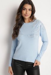 Jasnoniebieski Sweter z Bawełną Ozdobiony Cekinami Leanelwen. Niebieskie swetry damskie Born2be, l, z aplikacjami, z bawełny, eleganckie, bez kołnierzyka, bez ramiączek, bez kaptura. Za 89.99 zł.