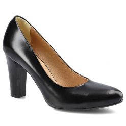 Czółenka damskie Espirito, ze skóry naturalnej licowej na wysokim obcasie z gładką cholewką i zaokrąglonym noskiem, czarne, C588-99. Czarne czółenka damskie Espirito, bez wzorów, ze skóry, biznesowe, bez obcasa, na obcasie, bez zapięcia. Za 265.00 zł.