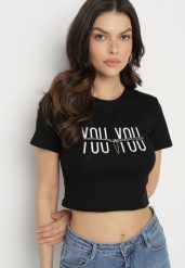 Czarny Bawełniany T-shirt z Napisem i Łańcuchem Olimelia. Czarne bluzki damskie Born2be, m, bez wzorów, z bawełny, bez kołnierzyka. Za 34.99 zł.