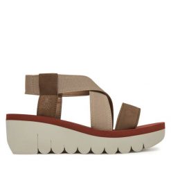 Sandały Fly London. Brązowe sandały damskie Fly London, bez wzorów, bez obcasa, na koturnie, bez zapięcia. Za 289.99 zł.