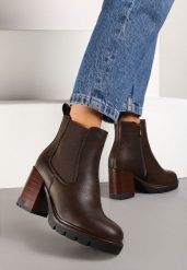 Brązowe Botki na Obcasie w Stylu Sztybletów z Gumką Realine. Brązowe botki damskie Born2be, z jeansu, biznesowe, bez obcasa, na obcasie, bez zapięcia. Za 159.99 zł.