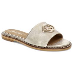 Złote Klapki Lamanti Skórzane Buty Na Lato. Żółte klapki damskie LAMANTI, bez wzorów, ze skóry, eleganckie, bez obcasa. Za 239.00 zł.