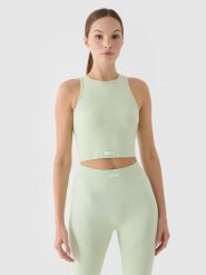 4F Crop top treningowy slim szybkoschnący damski - turkusowy M/L. Niebieskie koszulki sportowe damskie 4f, l, bez wzorów, z dzianiny, bez kołnierzyka, bez ramiączek, na fitness i siłownię. W wyprzedaży za 39.99 zł.