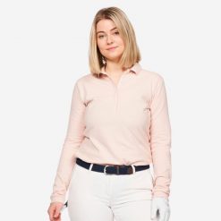 Koszulka polo do golfa z długim rękawem damska MW500. Czerwone koszulki sportowe damskie INESIS, l, bez wzorów, z bawełny, bez kołnierzyka, bez ramiączek, na golfa. Za 49.99 zł.