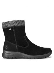 Rieker Botki L7165-00 Czarny. Czarne botki damskie Rieker, ze skóry, bez obcasa, na płaskiej podeszwie, bez zapięcia. Za 265.99 zł.