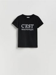 T-shirt z nadrukiem - czarny. Czarne t-shirty damskie Reserved, l, bez wzorów, z bawełny, klasyczne, bez kołnierzyka. W wyprzedaży za 19.99 zł.