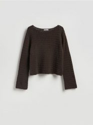 Sweter z luźnym splotem - brązowy. Brązowe swetry damskie Reserved, l, bez wzorów, z bawełny, bez kołnierzyka, bez ramiączek, bez kaptura. Za 119.99 zł.