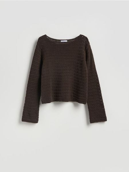 Sweter z luźnym splotem - brązowy. Brązowe swetry damskie Reserved, l, bez wzorów, z bawełny, bez kołnierzyka, bez ramiączek, bez kaptura. W wyprzedaży za 49.99 zł.