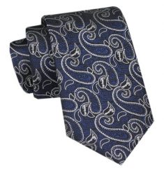 Elegancki Krawat Męski Angelo di Monti - Wzór Paisley na Granatowym Tle. Niebieskie krawaty i muchy Angelo di Monti, bez wzorów, z tkaniny, eleganckie. Za 45.00 zł.