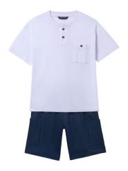 Mayoral Komplet t-shirt i spodenki 6686 Granatowy Regular Fit. Niebieskie szorty dla chłopców Mayoral, bez wzorów, z bawełny, bez ramiączek. Za 159.99 zł.