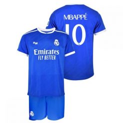 Komplet piłkarski junior koszulka i spodenki Real Madryt Kylian Mbappé. Niebieskie koszulki sportowe męskie Real Madrid, bez wzorów, z materiału, do piłki nożnej. Za 279.00 zł.