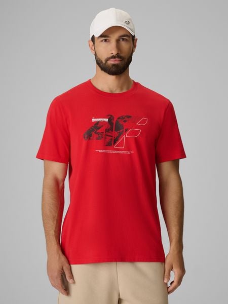 4F T-shirt regular z nadrukiem męski - czerwony M. Czerwone t-shirty męskie 4f, m, bez wzorów, z bawełny, biznesowe, bez kołnierzyka. Za 69.99 zł.