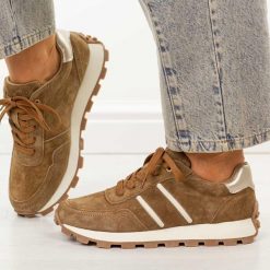 Camelowe skórzane sneakersy damskie DiA 7101. Brązowe obuwie sportowe damskie DiA, bez wzorów, z dzianiny, trekkingowe. Za 289.00 zł.