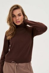 Sweter z golfem brązowy. Brązowe swetry damskie MOODO, m, bez wzorów, z poliamidu, bez kołnierzyka, bez ramiączek, bez kaptura. Za 99.99 zł.