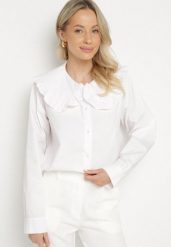 Biała Koszula z Bawełny Ozdobiona Kołnierzykiem Fulinea. Białe bluzki damskie Born2be, bez wzorów, z bawełny, biznesowe, bez kołnierzyka, bez ramiączek. Za 89.99 zł.