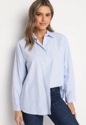 Niebieska Koszula w Drobne Paski o Klasycznym Fasonie Arkelea. Niebieskie bluzki damskie Born2be, m, bez wzorów, z jeansu, eleganckie, bez kołnierzyka, bez ramiączek. Za 69.99 zł.